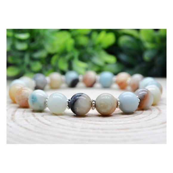 10mm Natural Amazonite Jasper with Daisy Spacer Stretch Bracelet - Picture 1 of 7